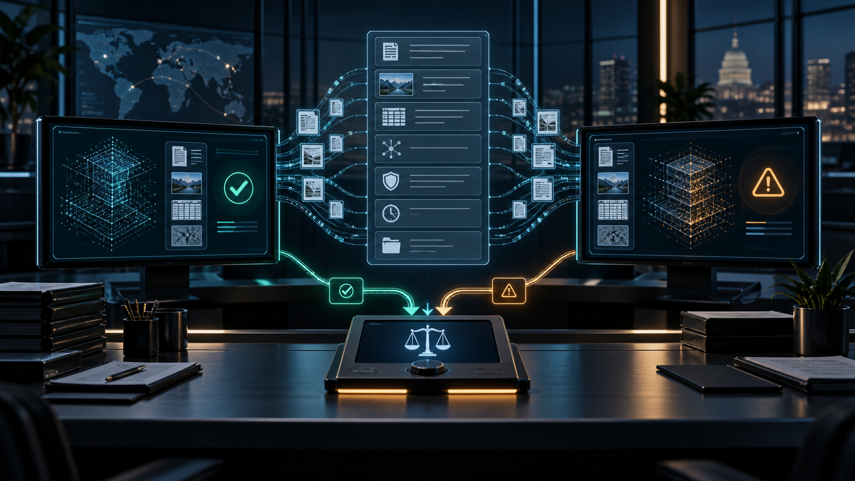 A seven-part review dispatch feeds two independent AI reviewers, one agreeing and one challenging, before a separate human decision gate.