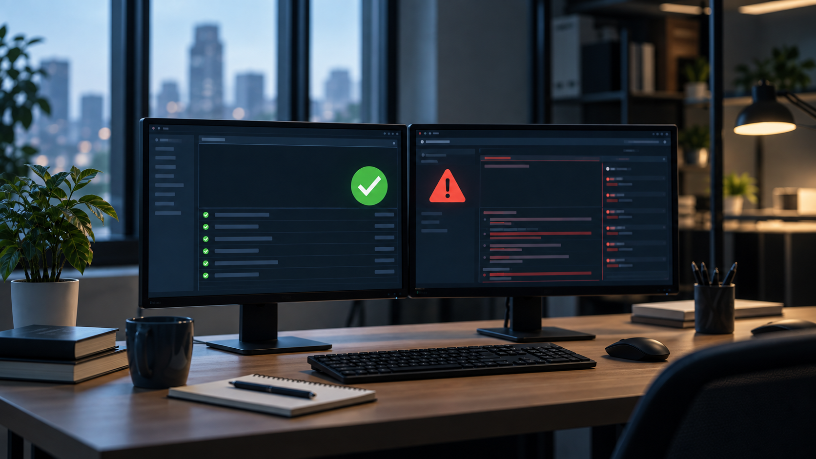 Two desktop monitors show a green check beside a separate red warning in a software workspace.