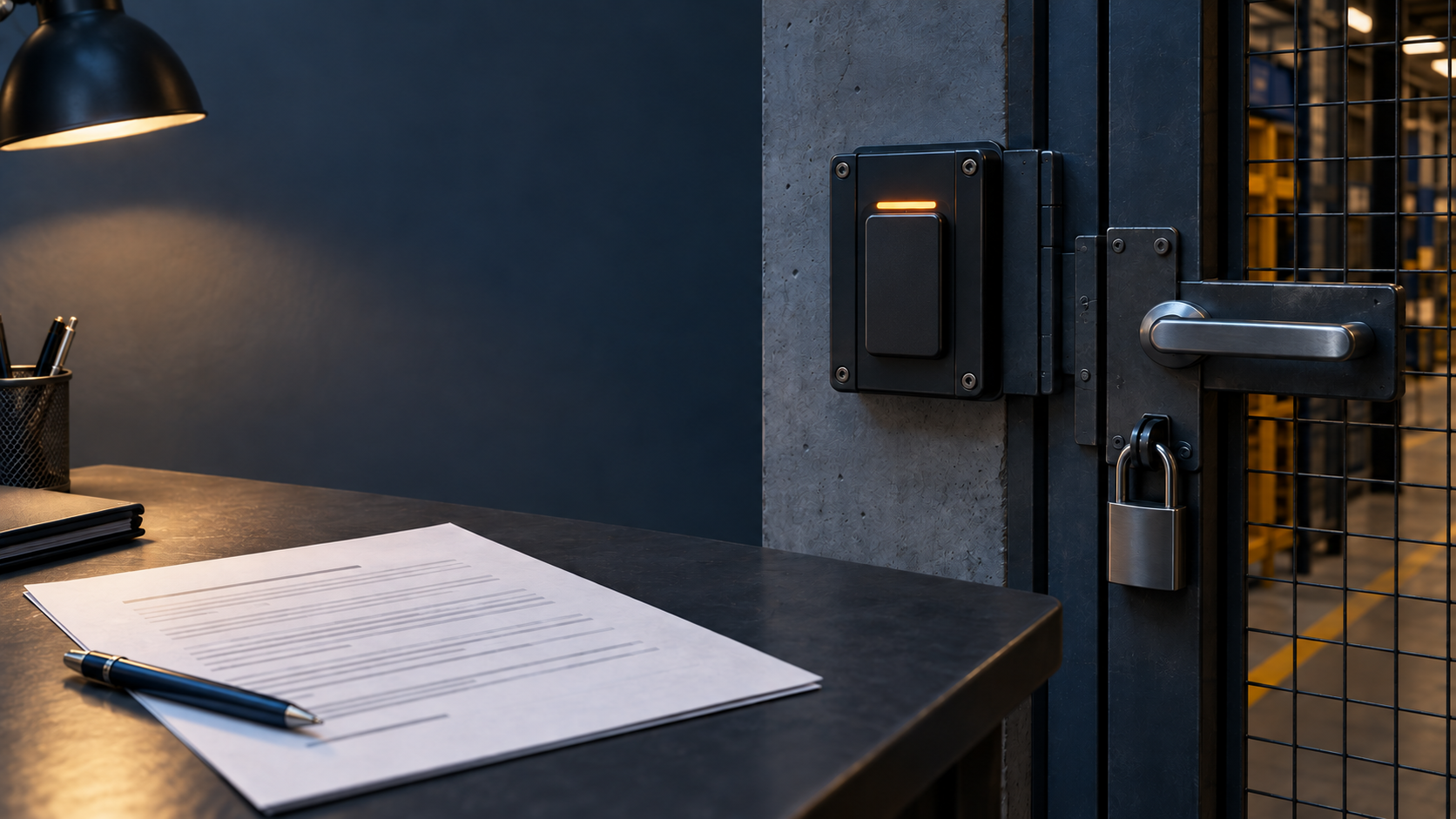 A written policy lies beside an unlettered access reader and a physically locked gate.
