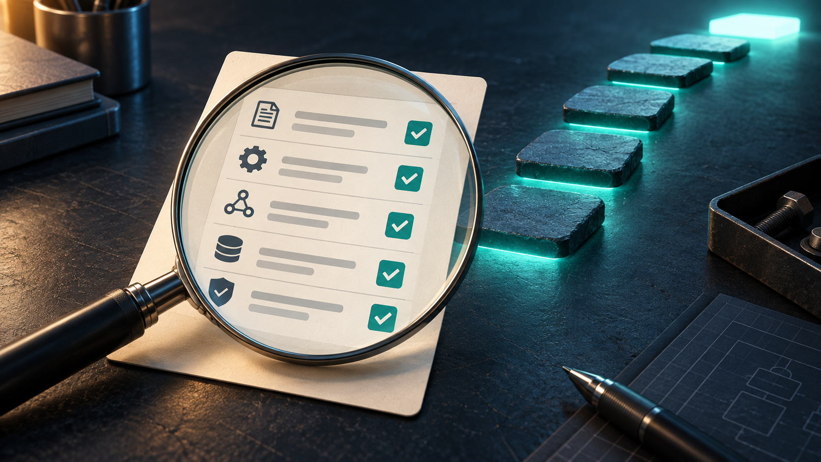 A magnifying glass inspects readiness checks on a ticket beside a clear path forward.