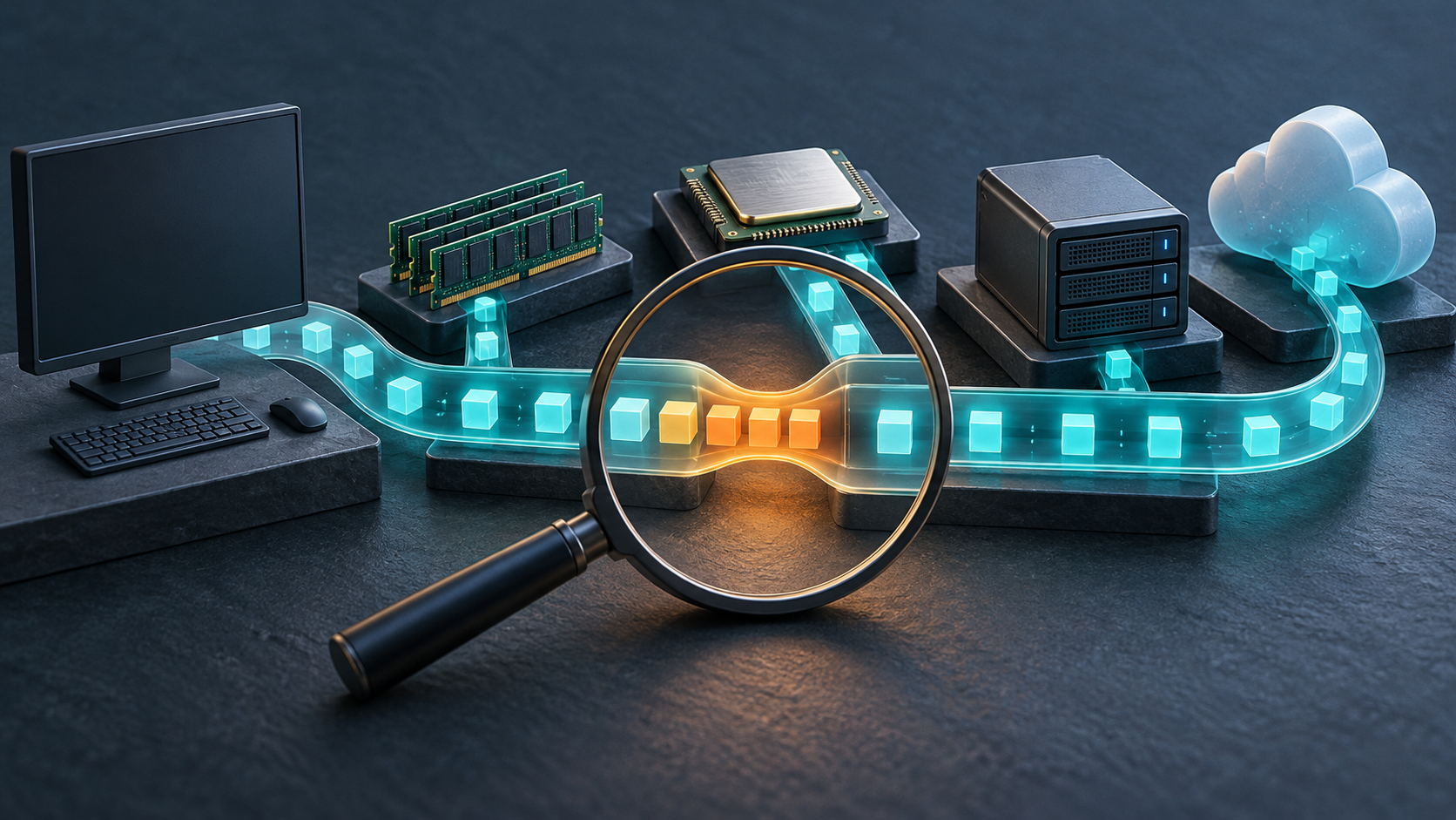 Conceptual illustration of an AI workflow connecting a workstation, memory, processor, server, and cloud, with a magnifying glass highlighting a narrow point where tasks queue.