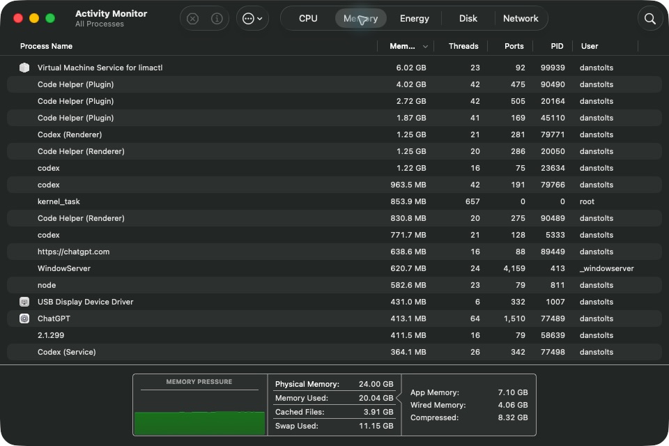 macOS Activity Monitor showing 24 GB physical memory, 20.04 GB used, 8.32 GB compressed, 11.15 GB swap used, and green memory pressure