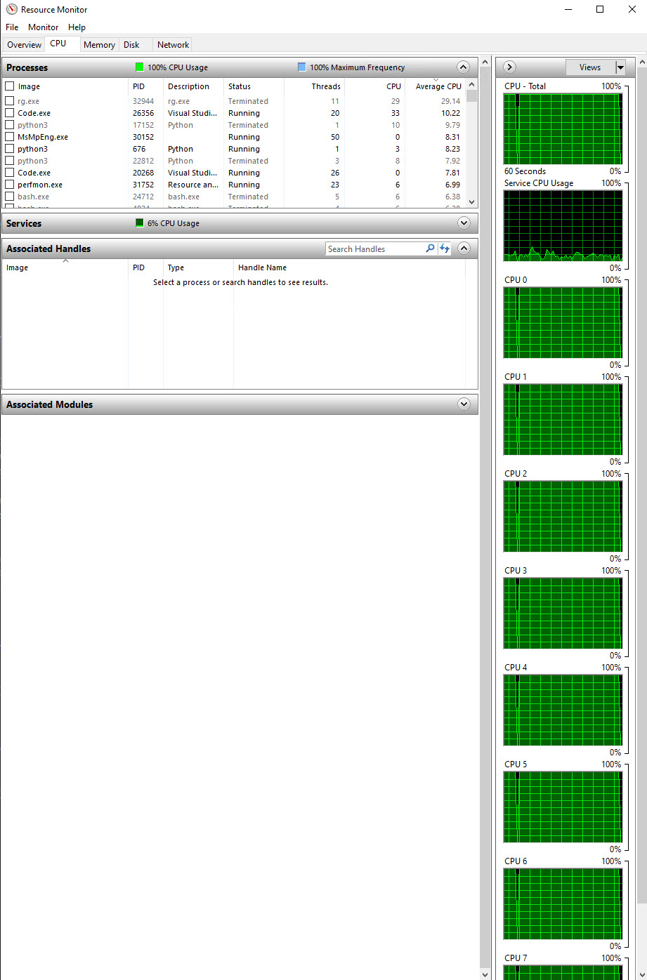 Windows Resource Monitor CPU view showing 100 percent aggregate CPU and visible search, editor, Python, security, and monitoring rows, some marked Terminated