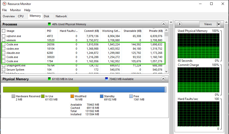 Windows Resource Monitor Memory view showing 46 percent used physical memory, 61,103 MB in use, and 70,463 MB available