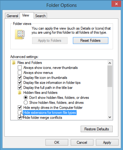 click 'View' tab, uncheck 'Hide extensions for known file types', click 'OK' button