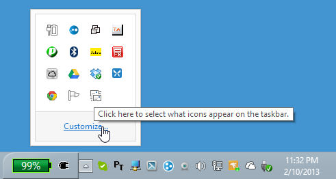 click the 'Show hidden icons' up arrow in the system tray, choose 'Customize...'