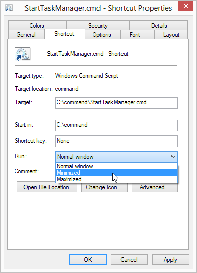 in the 'Run' option drop down menu, choose 'Minimized'