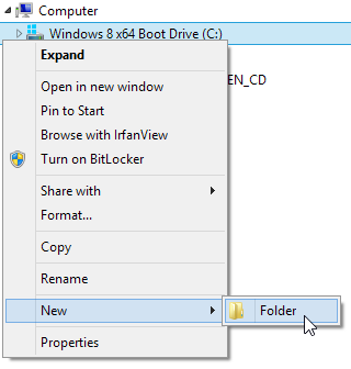 open 'Windows Explorer' using Win plus E keys, right-click on C drive, choose 'New', 'Folder', type 'command' then hit Enter