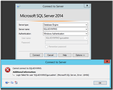 SQL Server Error 18456 screen shot