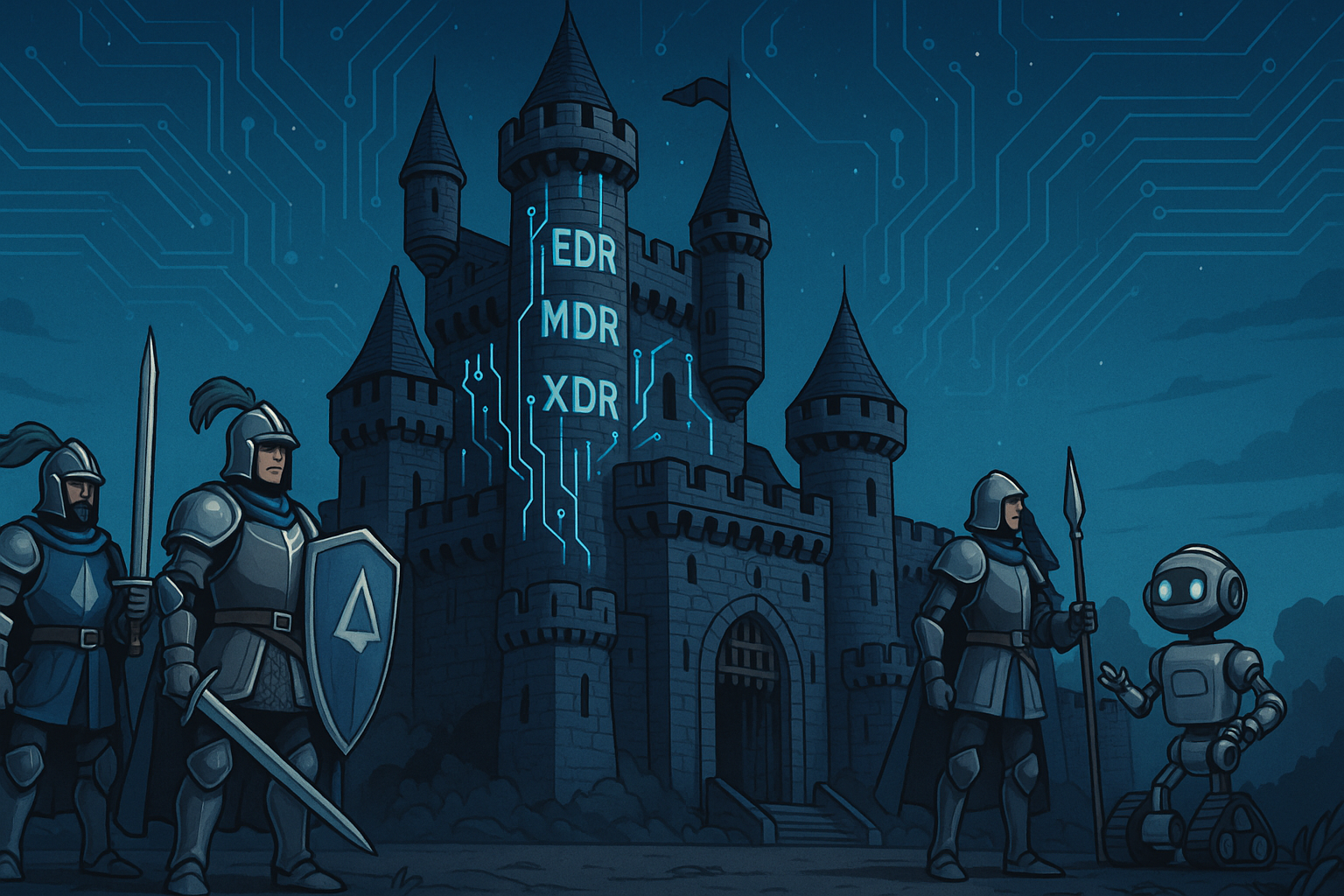 “High‑tech medieval castle at dusk with glowing blue circuitry on the stone walls. Three armored knights stand guard beside a small robot. The central tower is illuminated with the letters ‘EDR,’ ‘MDR,’ and ‘XDR.’”